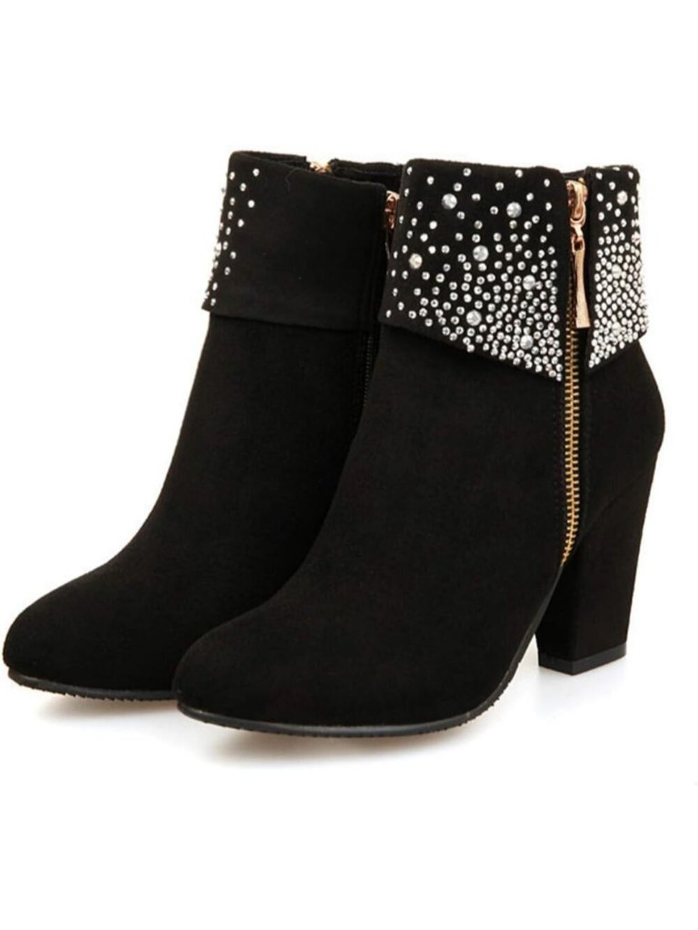 Women's Black Fashionable Comfortable Water Drill Frosted Thick Heel Short Boots